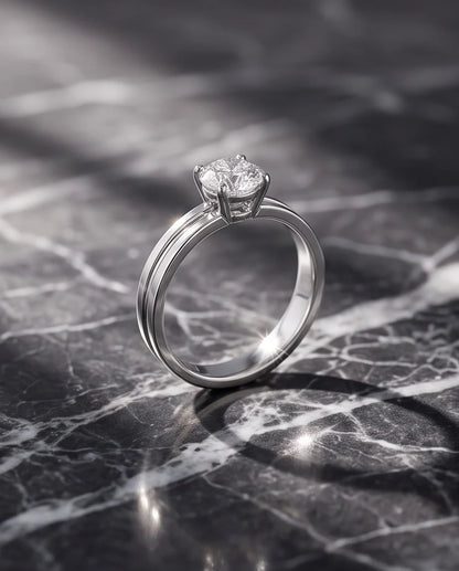 Silver Round Gemstone Grooved Solitaire Ring