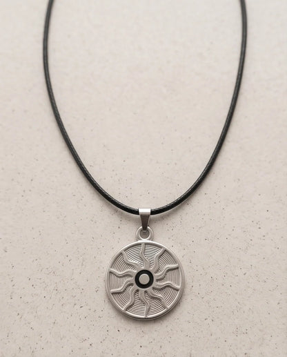 Silver Celestial Sunburst Medallion Cord Necklace