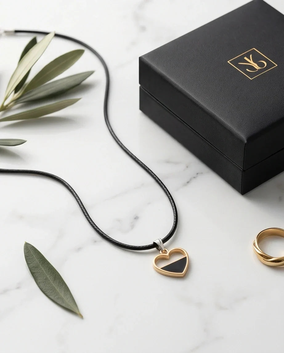 Gold Half-Black Enamel Heart Necklace