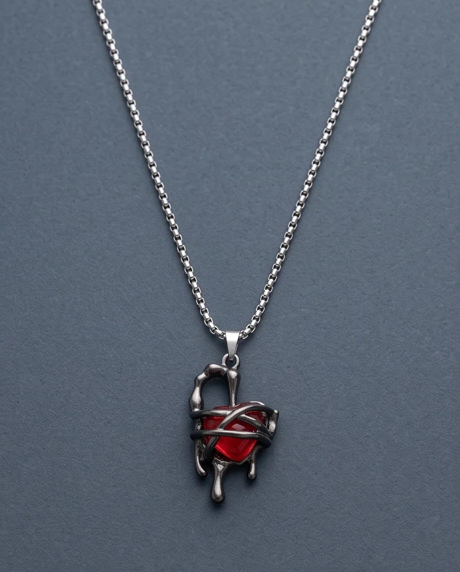 Black Thorny Dripping Heart Red Gem Pendant Necklace