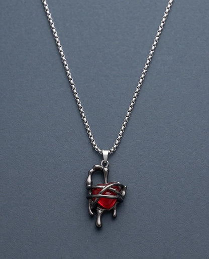 Black Thorny Dripping Heart Red Gem Pendant Necklace