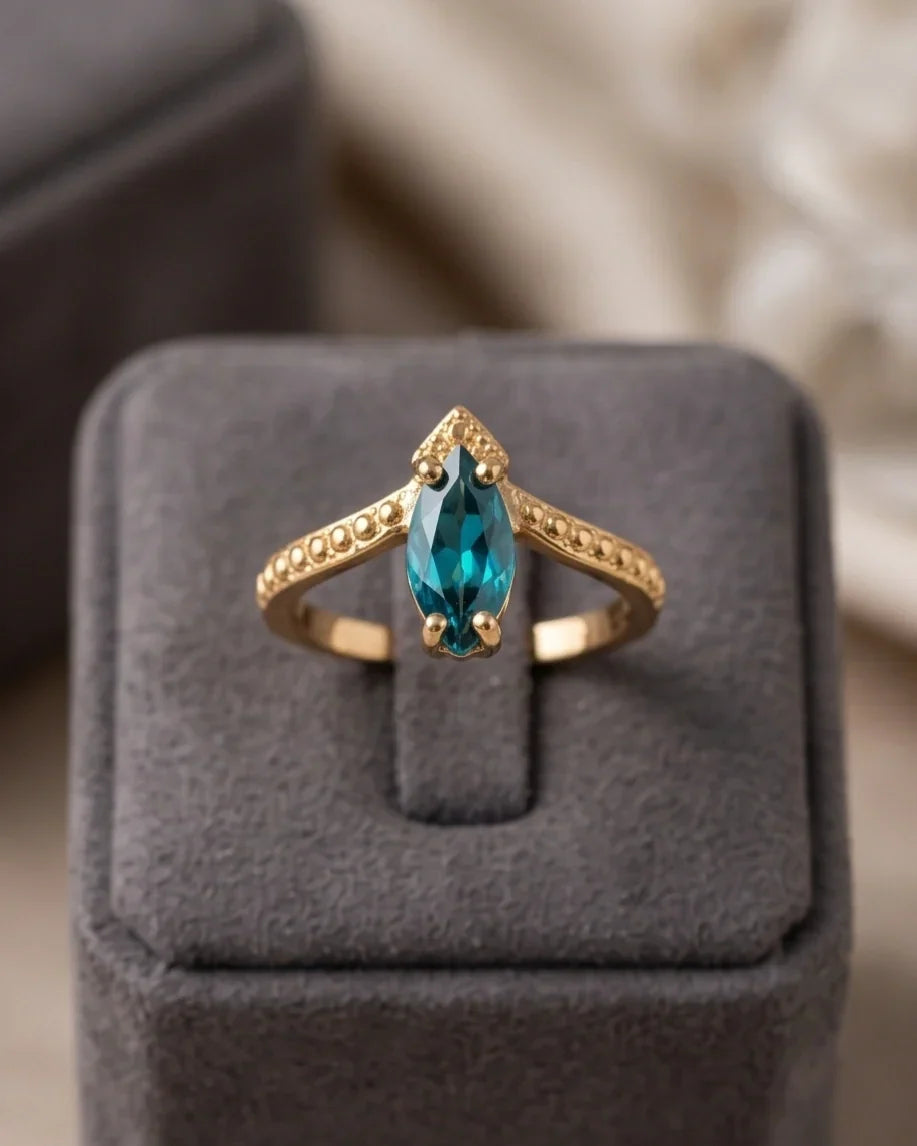 Vintage Gold Marquise London Blue Topaz Chevron Ring