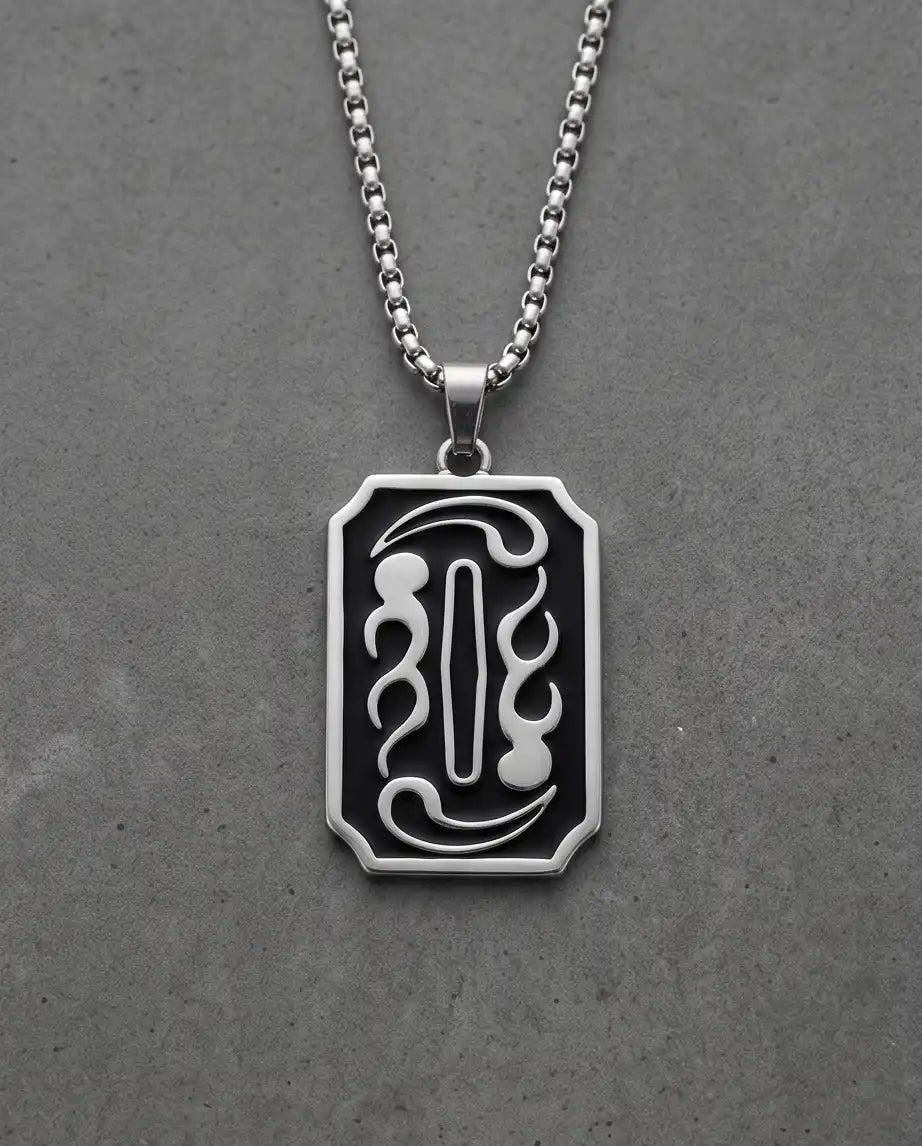 Moon Phase Abstract Calligraphy Tag Silver Box Chain Necklace