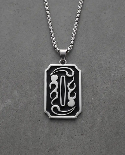 Moon Phase Abstract Calligraphy Tag Silver Box Chain Necklace