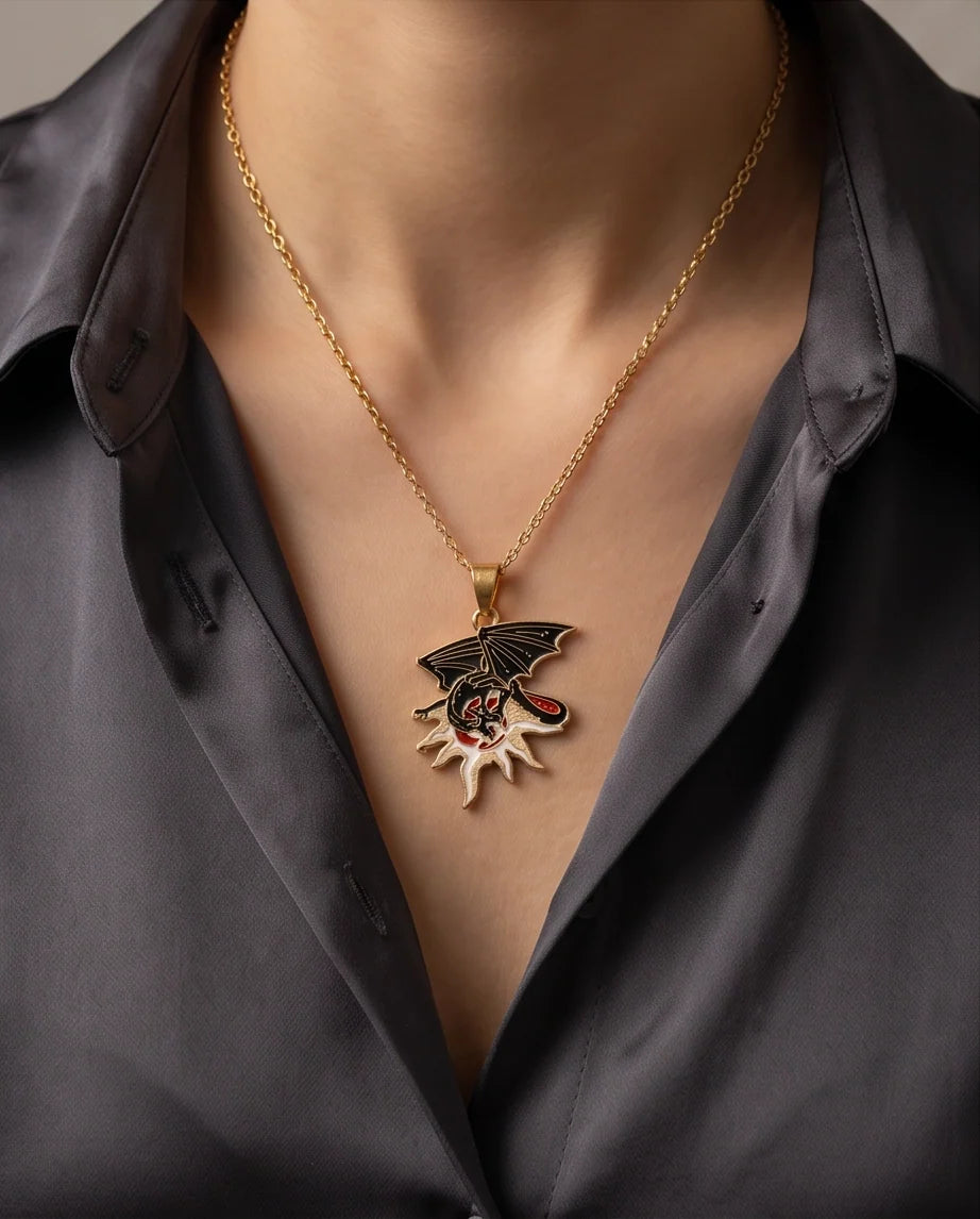 Gold Celestial Sun Dragon Enamel Pendant Necklace