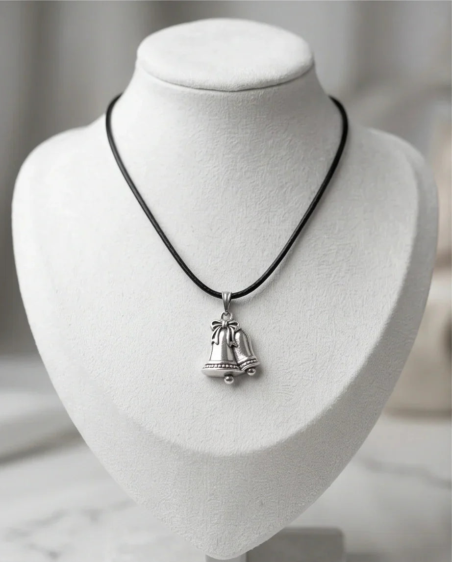 Silver Double Bells Ribbon Pendant Necklace