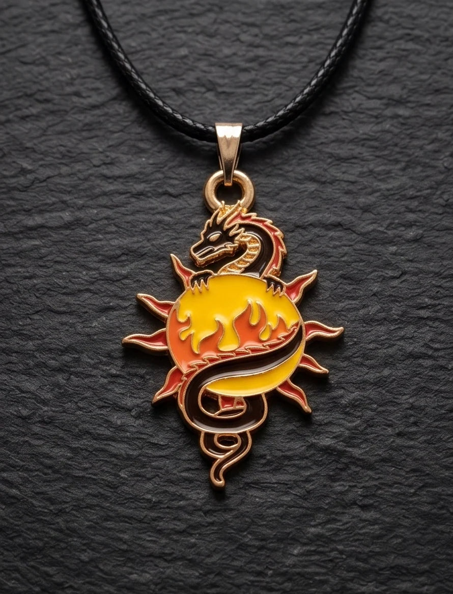 Fire Dragon & Sun Emblem Cord Necklace
