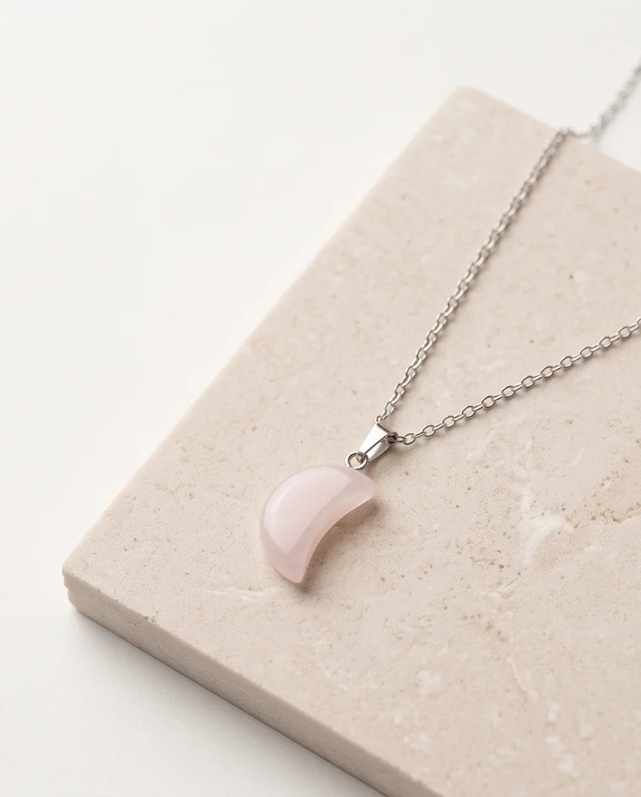 Silver Rose Quartz Pink Crescent Moon Pendant Necklace
