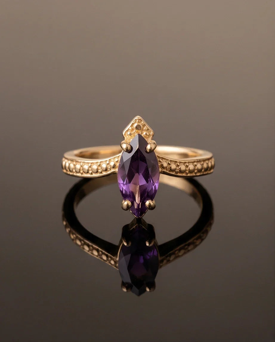 Vintage Gold Marquise Amethyst Filigree Ring