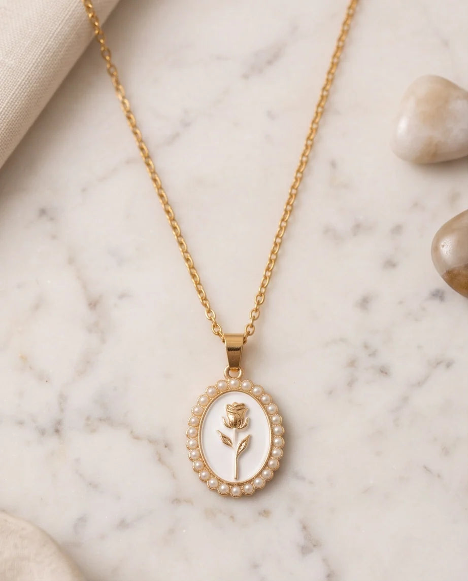 Gold Pearl Frame White Enamel Rose Oval Pendant Necklace