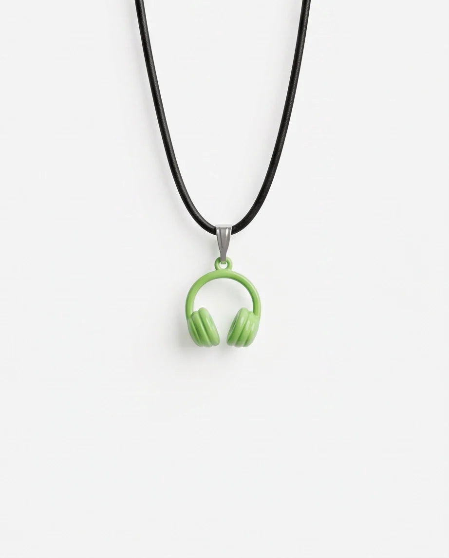 Lime Green Headphones Enamel Pendant Necklace