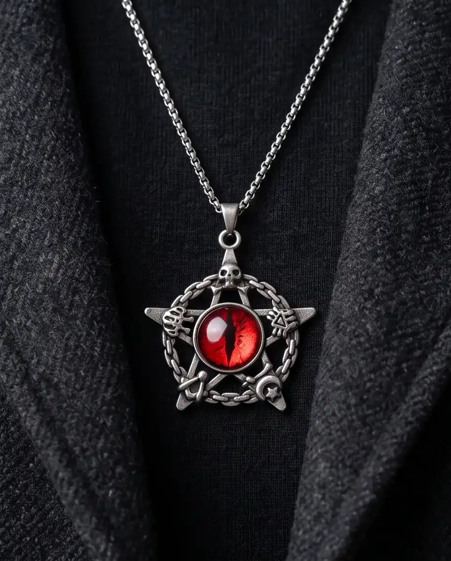 Red Dragon Eye Pentagram Occult Pendant Box Chain
