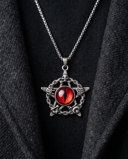 Red Dragon Eye Pentagram Occult Pendant Box Chain
