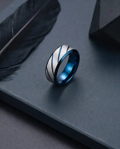 Two-Tone Brushed Silver and Blue Diagonal Groove Band Ring