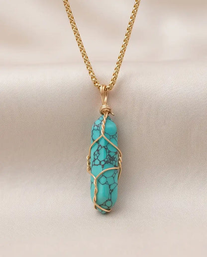 Wire-Wrapped Turquoise Howlite Crystal Point Pendant Box Chain