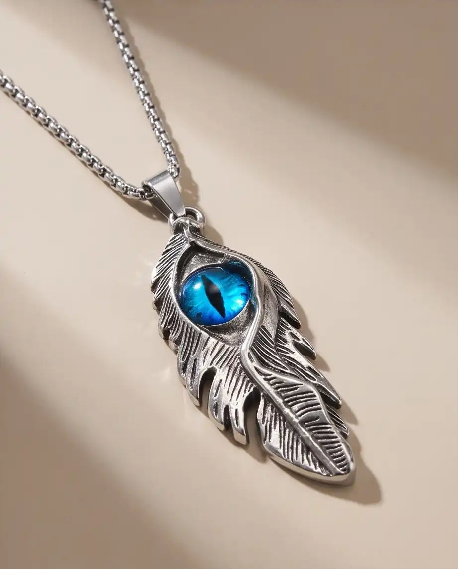 Blue Dragon Eye Feather Pendant Box Chain