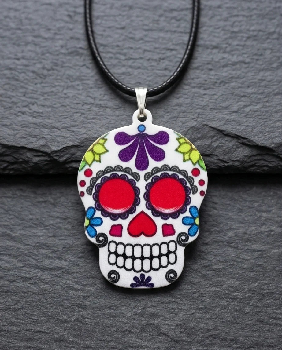 Vibrant Sugar Skull Día de los Muertos Pendant Necklace