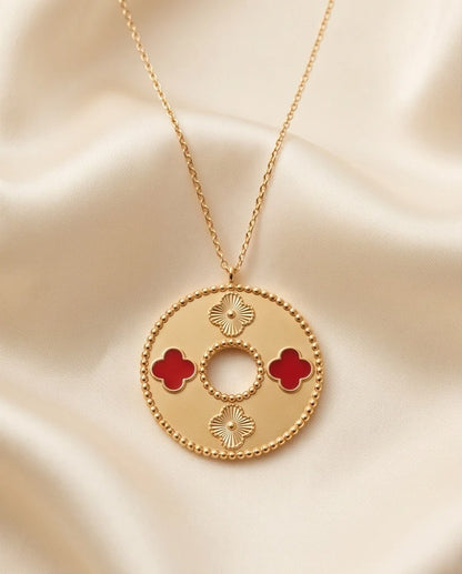 Gold Red Clover Medallion Necklace