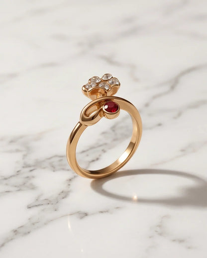 Crystal Flower & Ruby Accent Bow Ring