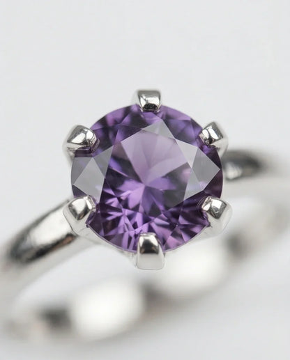 Sterling Silver Amethyst Purple Round Cut Solitaire Ring