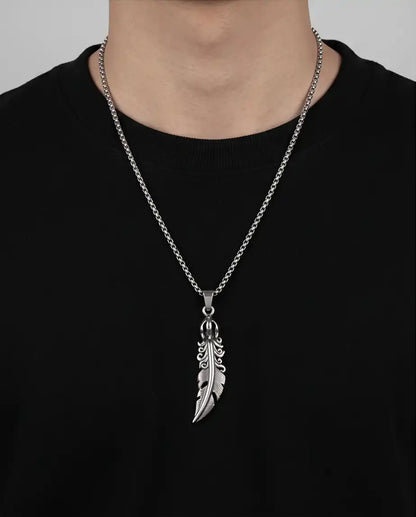Gothic Filigree Feather Pendant Silver Box Chain Necklace