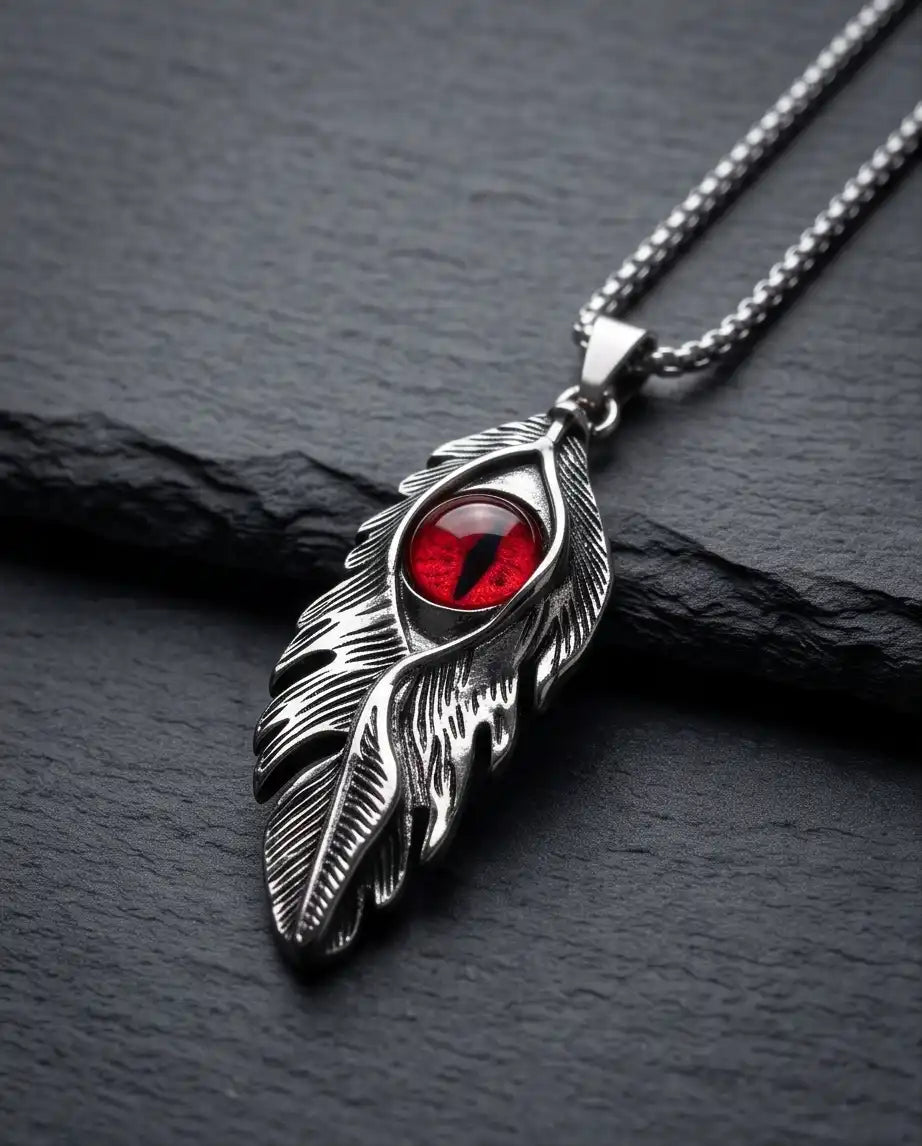 Red Dragon Eye Feather Pendant Box Chain