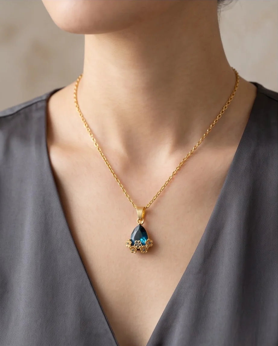 Gold Sapphire Teardrop Floral Basket Pendant Necklace