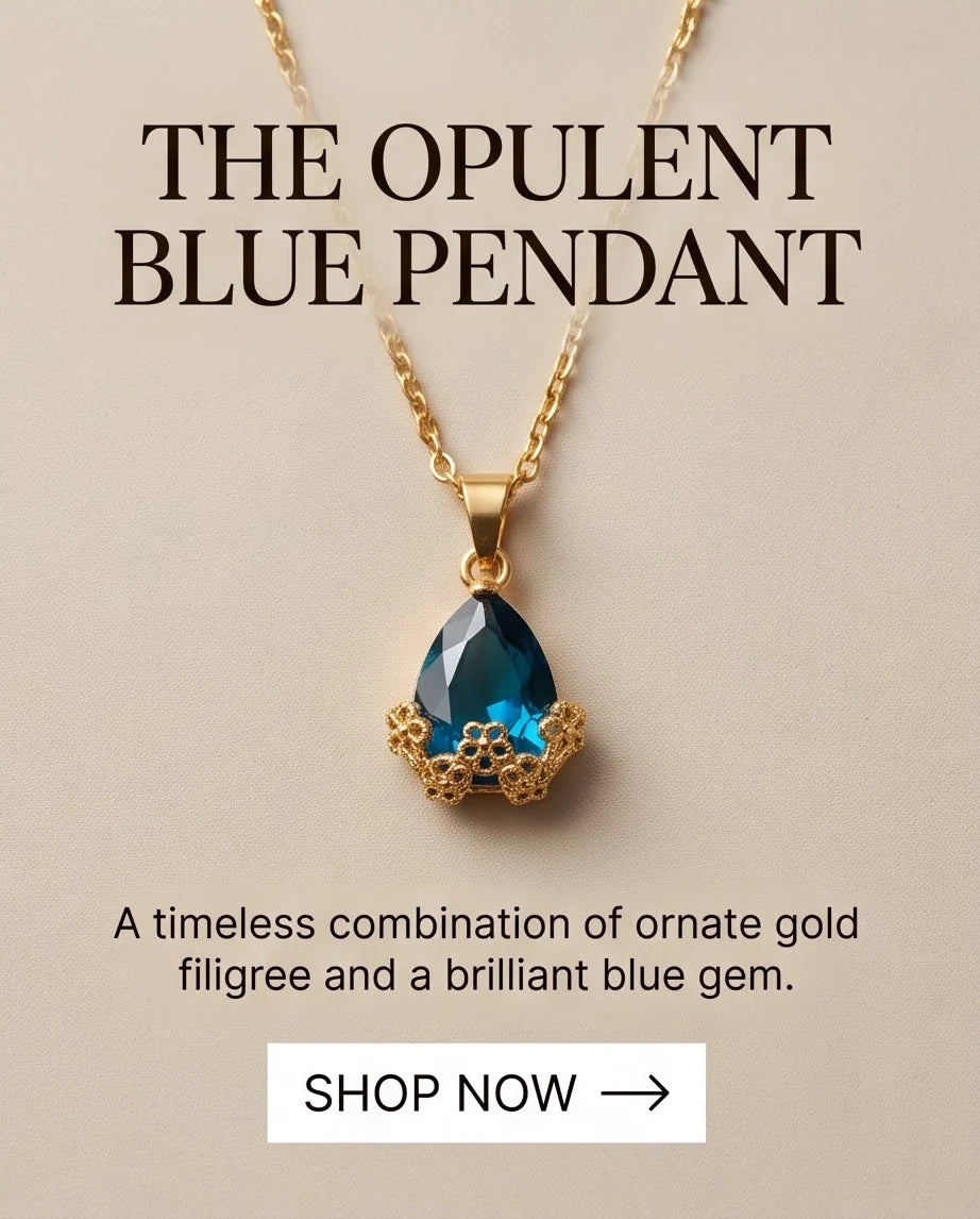 Gold Sapphire Teardrop Floral Basket Pendant Necklace