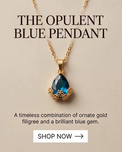 Gold Sapphire Teardrop Floral Basket Pendant Necklace