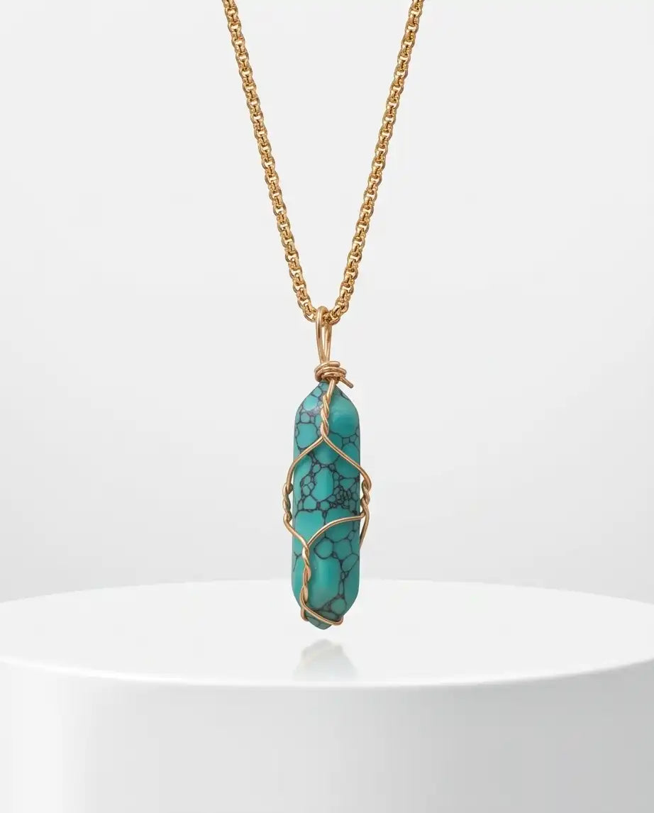 Wire-Wrapped Turquoise Howlite Crystal Point Pendant Box Chain