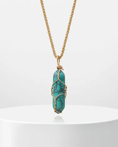 Wire-Wrapped Turquoise Howlite Crystal Point Pendant Box Chain