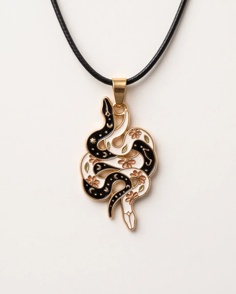 Gold Floral Serpent Enamel Pendant Necklace