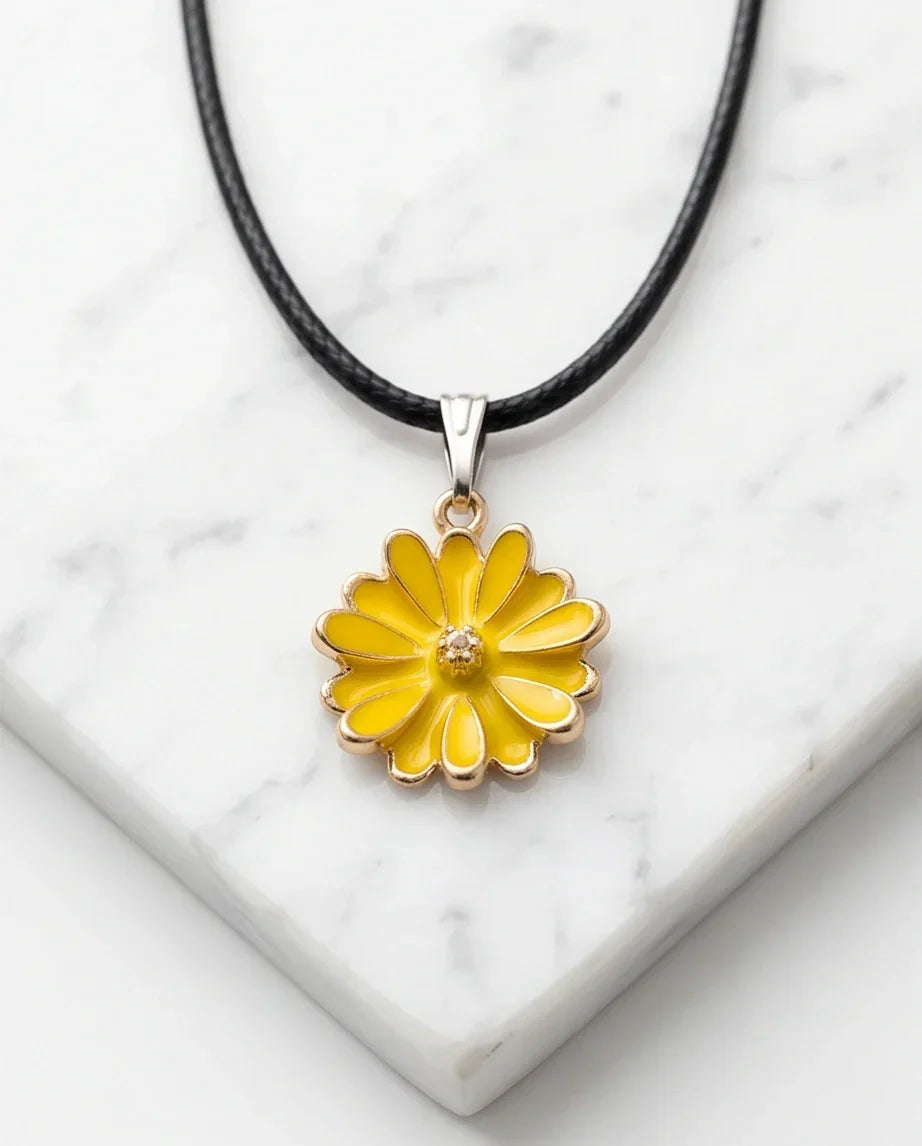 Vibrant Yellow Sunflower Enamel Pendant Necklace with Crystal Accent