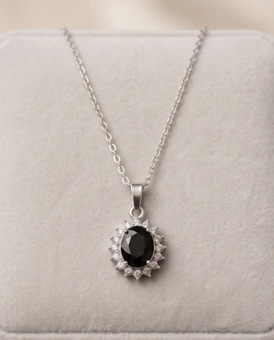 Silver Black Gem Oval Halo Medallion Pendant Necklace