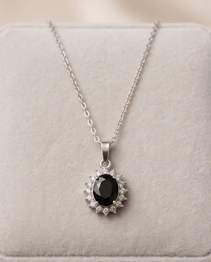 Silver Black Gem Oval Halo Medallion Pendant Necklace
