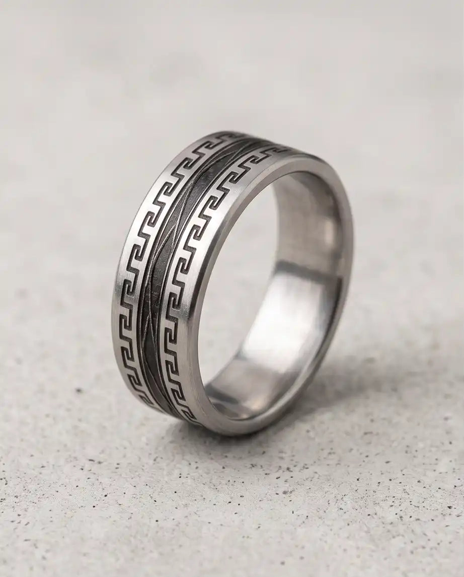 Greek Key Meander Texture Band Ring