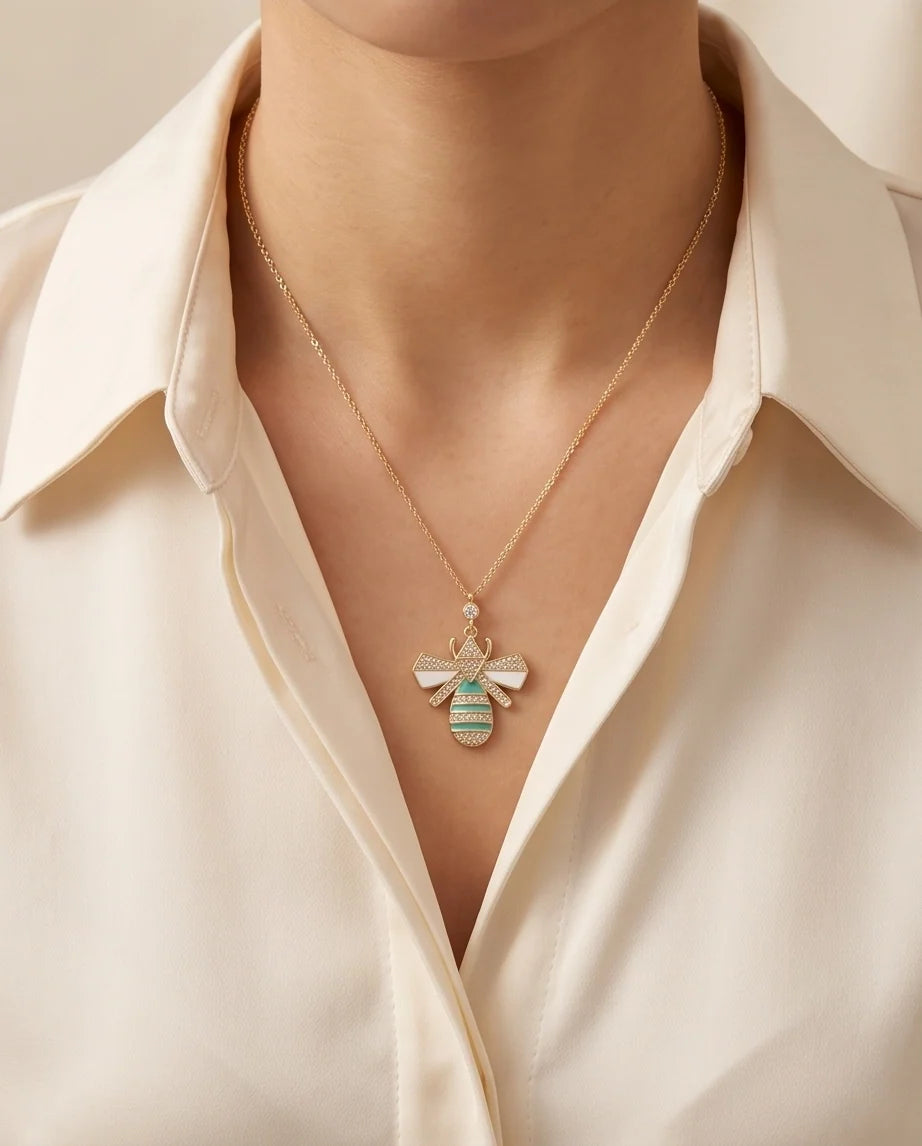 Gold Turquoise Enamel Bee Necklace