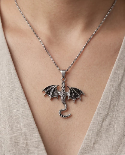 Silver Oxidized Dragon Wyvern Pendant Necklace