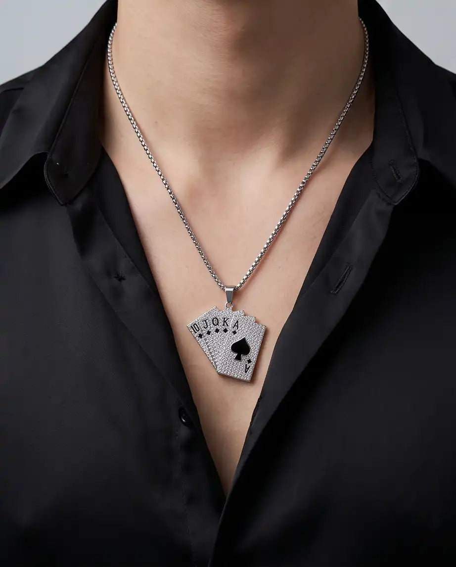 Iced Royal Flush Playing Cards Pendant Silver Box Chain Necklace