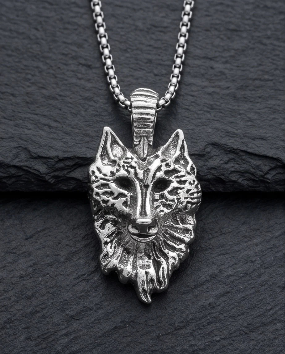 Silver Sculpted Wolf Head Pendant Necklace