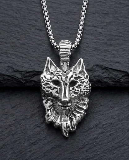 Silver Sculpted Wolf Head Pendant Necklace
