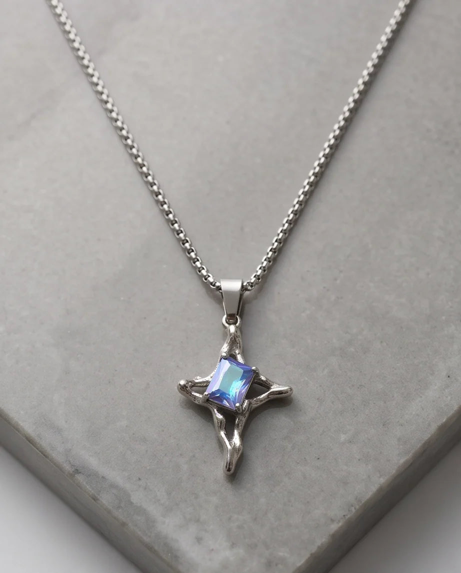 Silver Blue-Purple Gemstone Gothic Cross Pendant Necklace