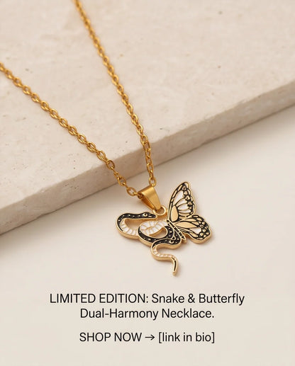 Gold Snake & Butterfly Celestial Enamel Pendant Necklace