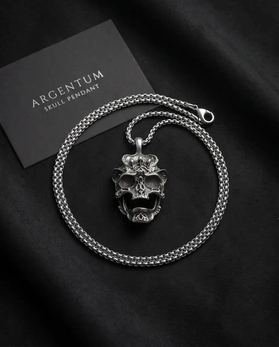 Gothic Screaming Demon Skull Pendant Silver Box Chain Necklace