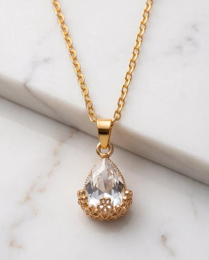 Gold Clear Teardrop Floral Basket Pendant Necklace