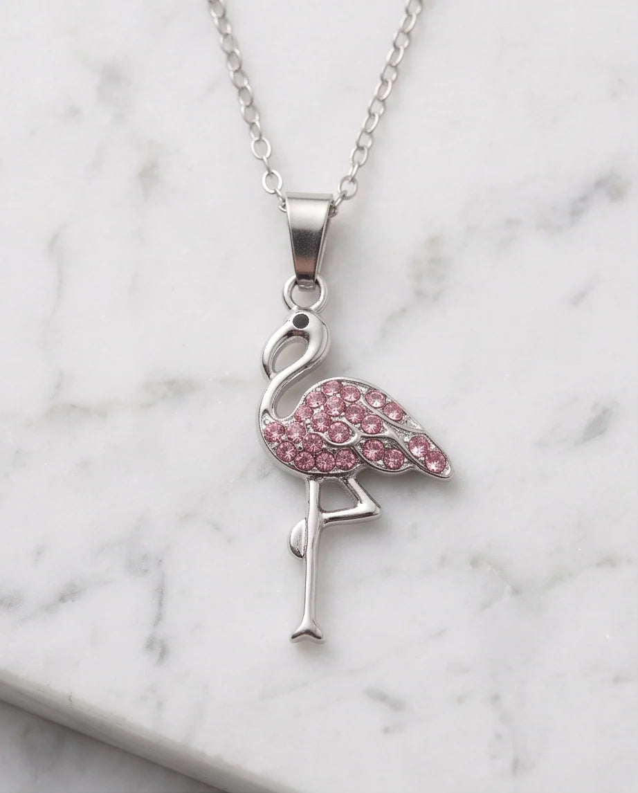 Silver Pink Crystal Paved Flamingo Pendant Necklace