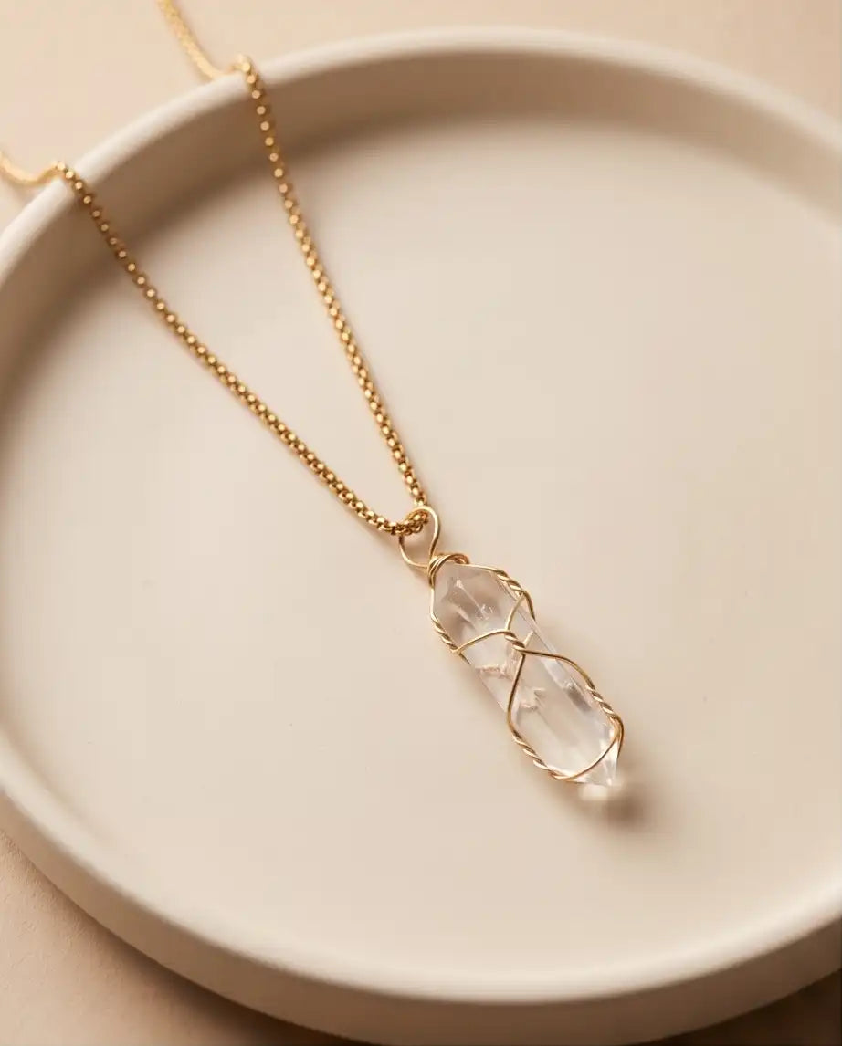 Wire-Wrapped Clear Quartz Crystal Point Pendant Box Chain