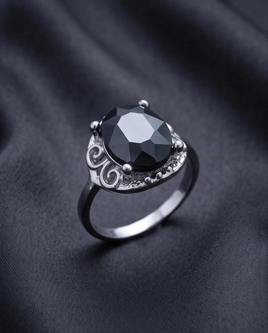 Silver Oval Onyx Filigree Solitaire Ring