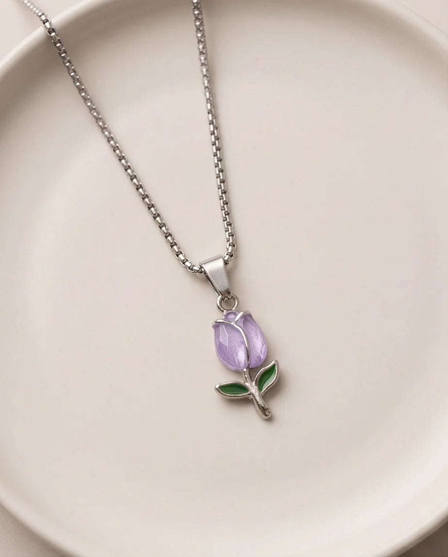 Silver Purple Enamel Tulip Pendant Necklace