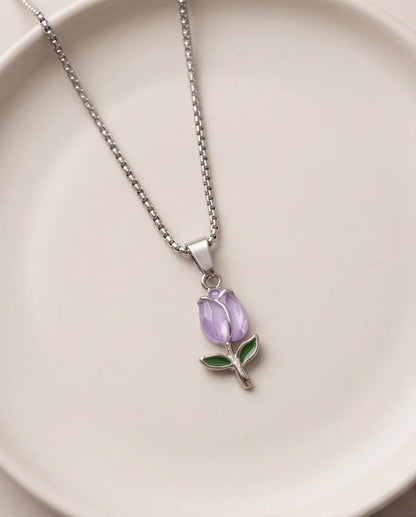 Silver Purple Enamel Tulip Pendant Necklace